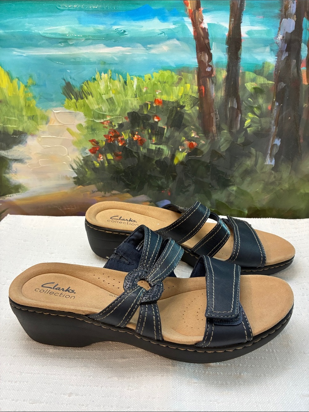 Clarks Navy Leather Slide Sandals with Knotted Strap